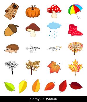 Herbst-Icon-Set. Cartoon Herbst Symbole Sammlung isoliert auf weißem Hintergrund. Herbstliche Illustrationselemente für oktober-Vektordesign. Saisonales Symbol Stock Vektor