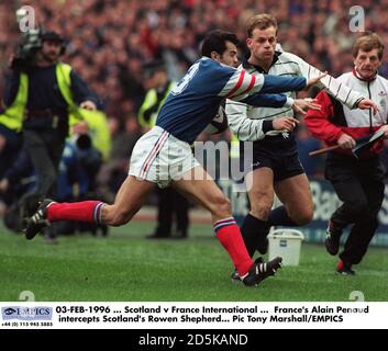 03-FEB-1996 ... Schottland / Frankreich International ... Frankreichs Alain Penaud fängt Schottlands ROWEN Shepherd ab Stockfoto