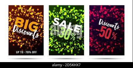 Set von Rabatt-Plakaten mit abstrakten Feuerwerkskörper in rot, grün und Gold mit Prozent Typografie, Promo-Flyer für große festliche Verkauf Stock Vektor