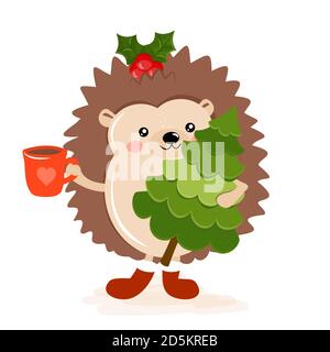 Entzückende Igel im Winter. Handgezeichnete Vektor Igel Illustration mit chritmas Baum und heißen Kakao Tasse. Poster in Winterfarben. Gut für Poster, gree Stock Vektor