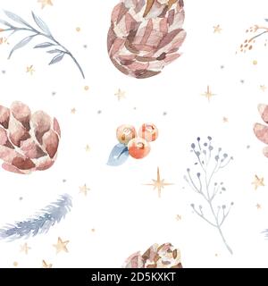 Weihnachtliches nahtloses Muster mit roten Kugeln, Tannenzweigen und Stechblättern. Aquarelldarstellung Stockfoto