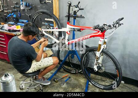 Ein junger Fahrradmechaniker repariert ein spezielles Epic Vollfahrrad mit professionellen Werkzeugen in einer sauberen Werkstatt auf den Philippinen, Asien Stockfoto