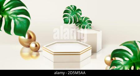 Hexagon-Podien mit Blättern und Perlen zur Produktdarstellung 3d-Illustration Stock Vektor