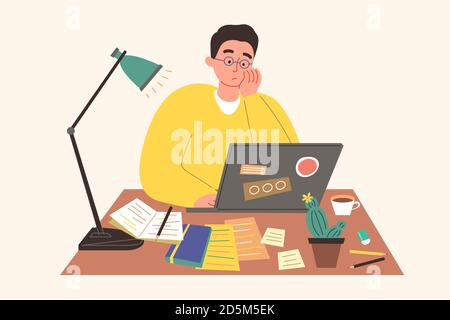 Flache Design-Illustration des Mannes, der auf Laptop arbeitet, während er sitzt Am Schreibtisch zu Hause Stock Vektor