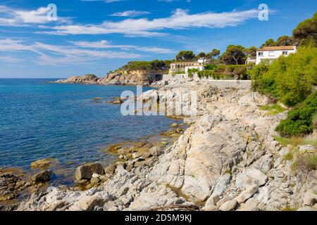 Panoramablick auf die Küste, wo der Küstenweg über den Klippen verläuft. Sant Feliu de Guixols, Costa Brava, Katalonien, Spanien Stockfoto