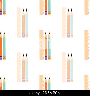 Sets von Bleistiften und Linealen nahtlose Vektor-Muster auf weißem Hintergrund. Geometrischer Hintergrund mit wechselnden vertikalen Reihen von hellen und Pastellstiften Stock Vektor