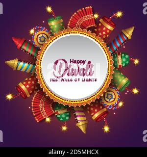 Happy Diwali Feier Hintergrund. Draufsicht auf Banner-Design mit Feuer-Cracker auf gemusterten dunklen Hintergrund dekoriert. vektor-Illustration Stock Vektor