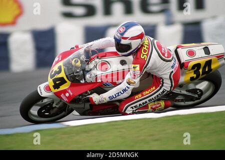 Amerikanischer Rennfahrer Kevin Schwantz in Aktion in der britischen Motorrad Grand Prix im Donington Park Stockfoto