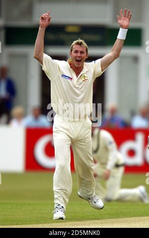 Das australische Brett Lee feiert das Dickicht von Darren Robinson in Leicestershire Mit dem ersten Ball des Tages Stockfoto