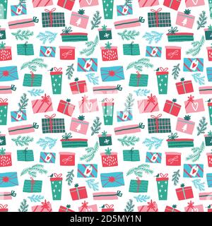 Bunte Vektor nahtlose Geschenk-Muster. Geschenk-Boxen auf weißem Hintergrund. Farbboxen mit Bögen und Fichtenzweigen. Stock Vektor