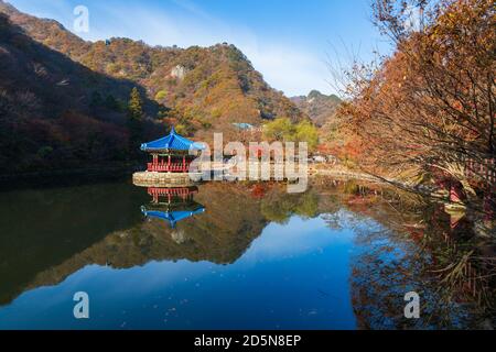 Naejangsan National Park, Jeollabuk-do, Südkorea - 12. November 2019: Herbstlandschaft. Naejangsan Nationalpark spiegelt sich im Wasser. Stockfoto