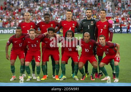 Portugal Team Line Up. Obere Reihe (von links nach rechts) Kleper Pepe, Luis Nani, Jose Fonte, Pedro Rui Patricio und Cristiano Ronaldo. Untere Reihe (von links nach rechts) Luis Nani, Sebastien Adrien Silva, Pereira Eliseu, Junior Renato Sanche, Eduardo Joao Mario und Soares Cedric Stockfoto