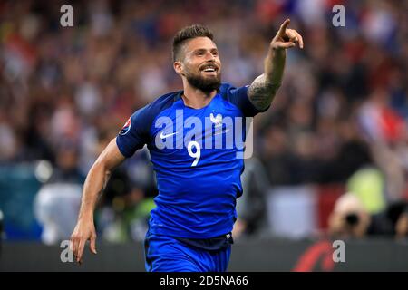 Der französische Olivier Giroud feiert sein fünftes Tor der Spiel Stockfoto