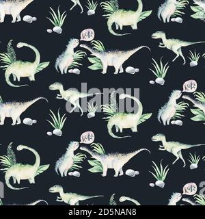 Cute Cartoon Baby Dinosaurier nahtlose Muster Aquarell Papier, Hand bemalt Dino Hintergrund Textur Jurassic Park . Rex Kinder lustige Kunst Stockfoto