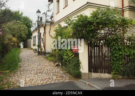 Malerische gepflasterte Straße in Střešovičky, auch bekannt als Malé Střešovice (kleine Střešovice) in Prag, Tschechische Republik. Střešovičky ist eine ehemalige Arbeitersiedlung mit kleinen Häusern aus dem Ende des 18. Jahrhunderts, die ihre ursprüngliche Atmosphäre im Laufe der Jahrhunderte unberührt erhalten hat und heute als romantischer Ort ohne Touristen in den Prager Außenbezirken bekannt ist. Die Ecke Na Kocourkách Gasse und Pod Adnělkou Straße ist auf dem Foto dargestellt. Stockfoto