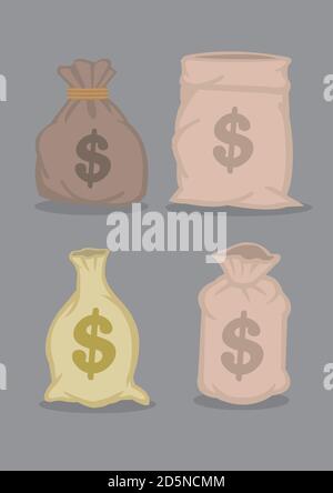 Satz von vier Designs von Säcken voller Geld mit Dollar-Zeichen. Cartoon-Vektor-Illustrationen auf grauem Hintergrund isoliert. Stock Vektor