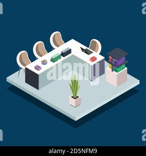Moderne Buch Bibliothek Raum isometrische Farbe Vektor Illustration Stock Vektor