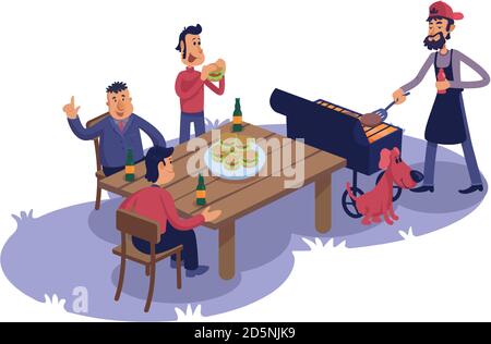 Männliche Freunde am Grill Wohnung Cartoon Vektor Illustration Stock Vektor