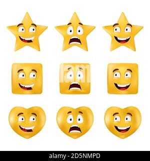 Emotionale Formen - Quadrat, Stern, Kreis, Herz. Geometrische Grundfiguren mit unterschiedlichen Gesichtsausdrücken. Vector Set von Emoticons isoliert auf einem Whi Stock Vektor
