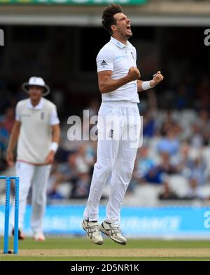 Der englische Steven Finn feiert nur für die Entscheidung zu sein Wurde bei der Überprüfung abgelehnt Stockfoto