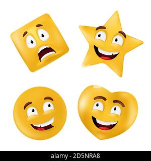 Emotionale Formen - Quadrat, Stern, Kreis, Herz. Geometrische Grundfiguren mit unterschiedlichen Gesichtsausdrücken. Vector Set von Emoticons isoliert auf einem Whi Stock Vektor