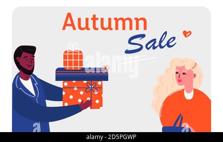 Herbstverkauf Handgezeichnete Illustration. Ein Mann schenkt einer Frau ein Geschenk. Shopping Promotion oder saisonales Poster Stock Vektor