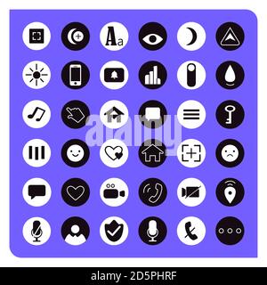 Symbol Für Soziale Medien Eingestellt. Symbole Für Internetkommunikation. Schwarz-Weiß-Symbole Auf Violettem Hintergrund Stock Vektor