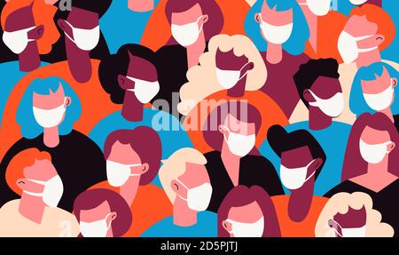 Menschen Mit Gesichtsmaske. COVID-19 Vektorgrafik. Kommunikation in Gesichtsmaske Stock Vektor