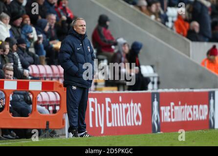 Coventry City-Manager Mark Venus während des Spiels gegen Morcambe Stockfoto