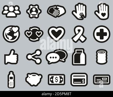 Charity Oder Charity Work Icons Weiß Auf Schwarz Sticker Set Groß Stock Vektor