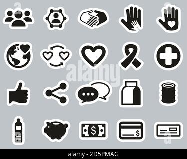 Charity Oder Charity Work Icons Schwarz & Weiß Sticker Set Groß Stock Vektor