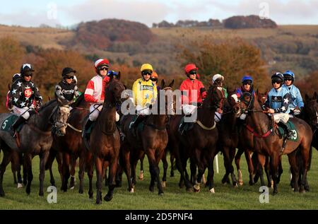 Läufer und Reiter in der Handicap-Hürde der Opus Energy Novizen Während der Landschaftstag der Open auf der Cheltenham Rennbahn Stockfoto