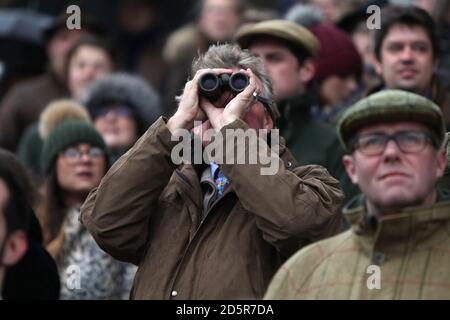 Racegoers sehen sich die Action auf der Cheltenham Racecourse an Stockfoto