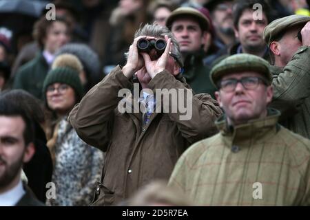 Racegoers sehen sich die Action auf der Cheltenham Racecourse an Stockfoto