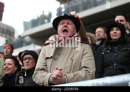 Racegoers sehen sich die Action auf der Cheltenham Racecourse an Stockfoto