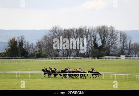 Läufer und Reiter nach dem Handicap attheraces.com auf der Bath Racecourse. Stockfoto