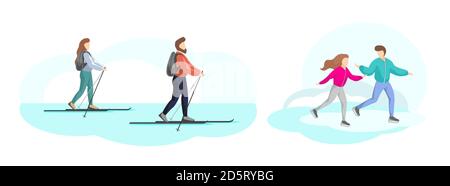 Junges Paar Ruhe im Winter Natur eingestellt. Mann und Frau beim Skifahren. Junge und Mädchen Eislaufen. Urlaub Outdoor-Aktivitäten Freunde Spaß haben. Vektor-isolierte Illustration Stock Vektor