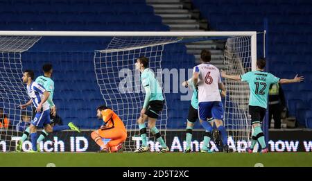 Sam Baldock von Brighton & Hove Albion feiert das Scoring seiner Seite Zweites Tor des Spiels Stockfoto