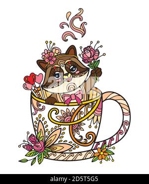 Farbige kawaii niedlichen Waschbär in einer Tasse Stock Vektor