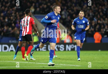 Jamie Vardy von Leicester City feiert das zweite Tor seiner Seite Stockfoto