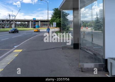 07 01 2020 Moskau, Russland. Die City-Shuttle-Haltestelle am Presnenskaya Damm Stockfoto