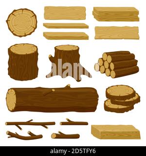 Holzstämme. Baumschnittholz, Holzstämme, Holzzweige und Holzplanken, gestapeltes Brennholz Material isoliert Vektor Illustration Icons Set Stock Vektor