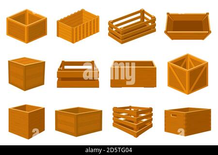 Holzkisten. Lieferbehälter, leere Holzkisten und Pakete, verpackte Versandkisten isolierte Vektor-Illustration-Set Stock Vektor