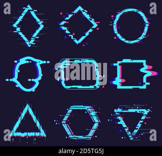 Fehler beschädigt Rahmen. Verzerrung abstrakte Zahlen, Geometrie Glitch Rauschen defekt Rahmen, Quadrat, Kreis, Dreieck Elemente Vektor-Illustration Set Stock Vektor