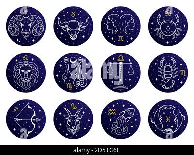 Astrologische Tierkreiszeichen. Widder, stier, löwe und zwillinge Horoskop, jungfrau, skorpion, waage, wassermann Tierkreis, schütze, fische, steinbock, Krebs Stock Vektor