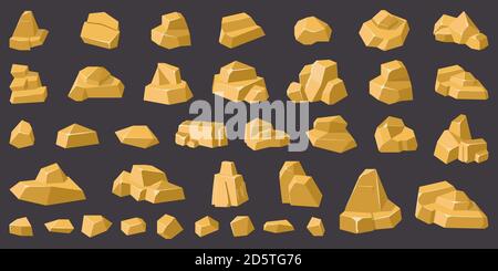 Golden Rocks. Gold Geologie Bergkiesel, Steinkies, Felsen Haufen, Spiel-Design goldenen Felsen isoliert Vektor-Illustration Symbole gesetzt Stock Vektor