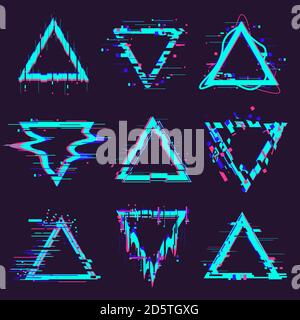 Triangle Glitch Frames. Verzerrungsgeometrie Rauschfehler Rahmen, dynamische Dreieckselemente, verzerrter Glitch-Vektor-Illustrationsset Stock Vektor