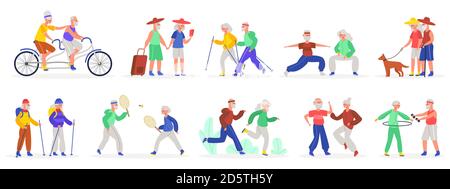 Aktive ältere Paare. Ältere ältere ältere Paar, gesunde sportliche Großmutter und Großvater, alte Menschen tanzen und Joggen Vektor-Illustration-Set Stock Vektor