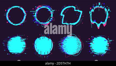 Glitch runde Rahmen. Kreis Verzerrung Rauschen Defect Elemente, Pixelfehler zerstört geometrischen Formen isoliert Vektor Illustration Set Stock Vektor