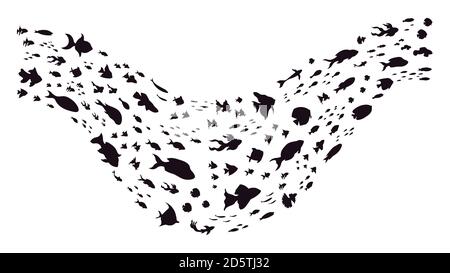 Unterwasserfischschulen. Gruppen von Meeresfischen, Fischschulen Schwarmwelle, Schwimmen kleine Fische Silhouetten, Fischkolonie Vektor-Illustration Stock Vektor